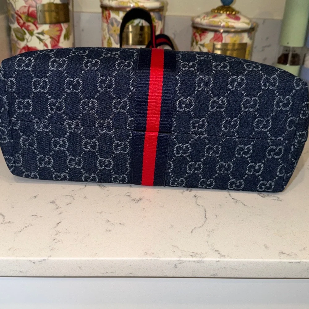 Gucci Blue GG Canvas Tote with Red and Navy Stripe
